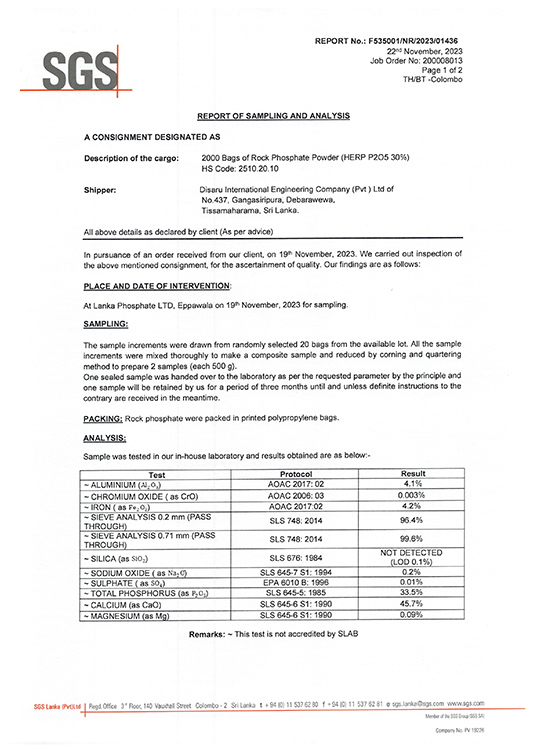 Rock Phosphate Certificate 1